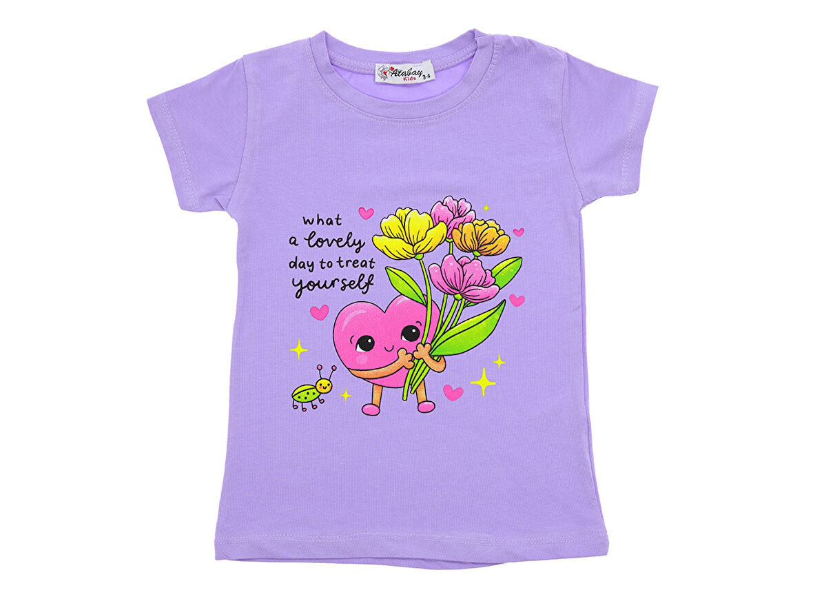 Kız Çocuk T-Shirt Kalp Çiçek Baskılı