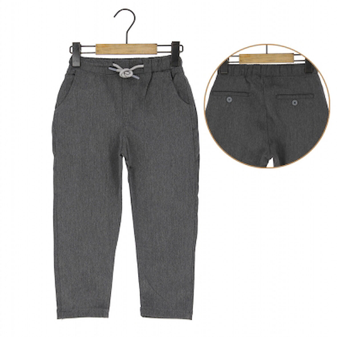 Erkek Çocuk Okul Pantolonu Gabardin Beli Lastikli İpli Gri Renk