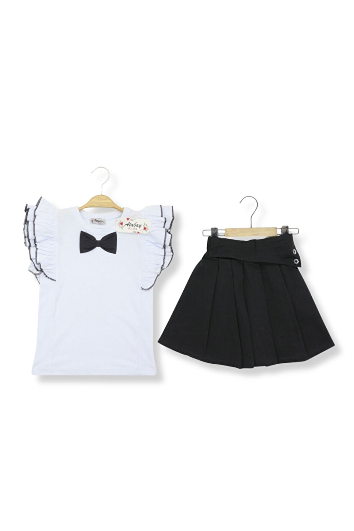 Kız Çocuk Takım Etekli Kol Fırfırlı Fiyonlu  Okulluk