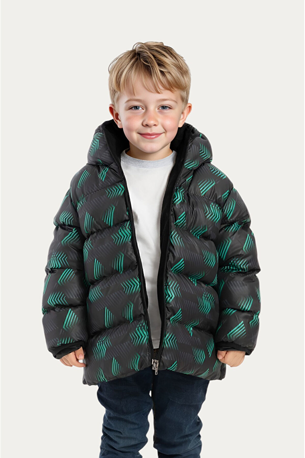 Erkek/Kız Çocuk Kapüşonlu Su ve Rüzgar Geçirmez Cepli Kışlık Şişme Mont