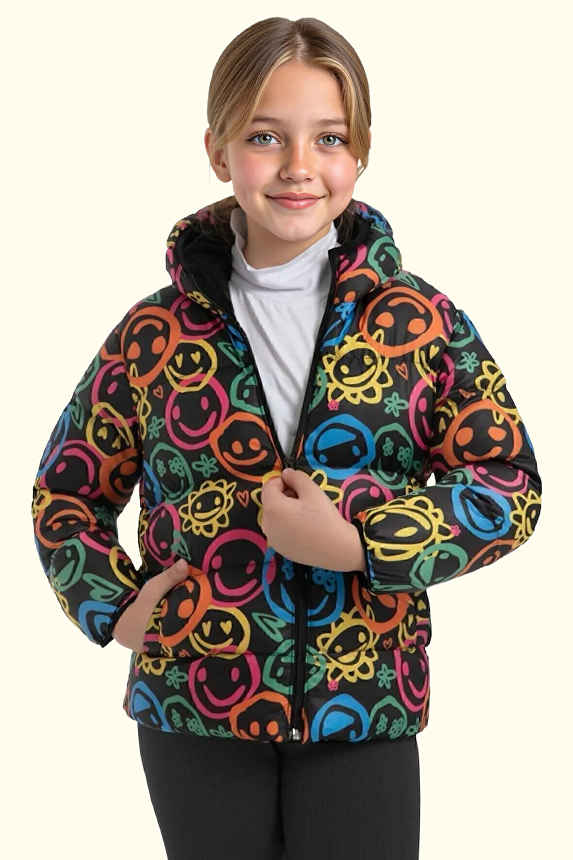 Erkek/Kız Çocuk Kapüşonlu Su ve Rüzgar Geçirmez Cepli Kışlık Şişme Mont