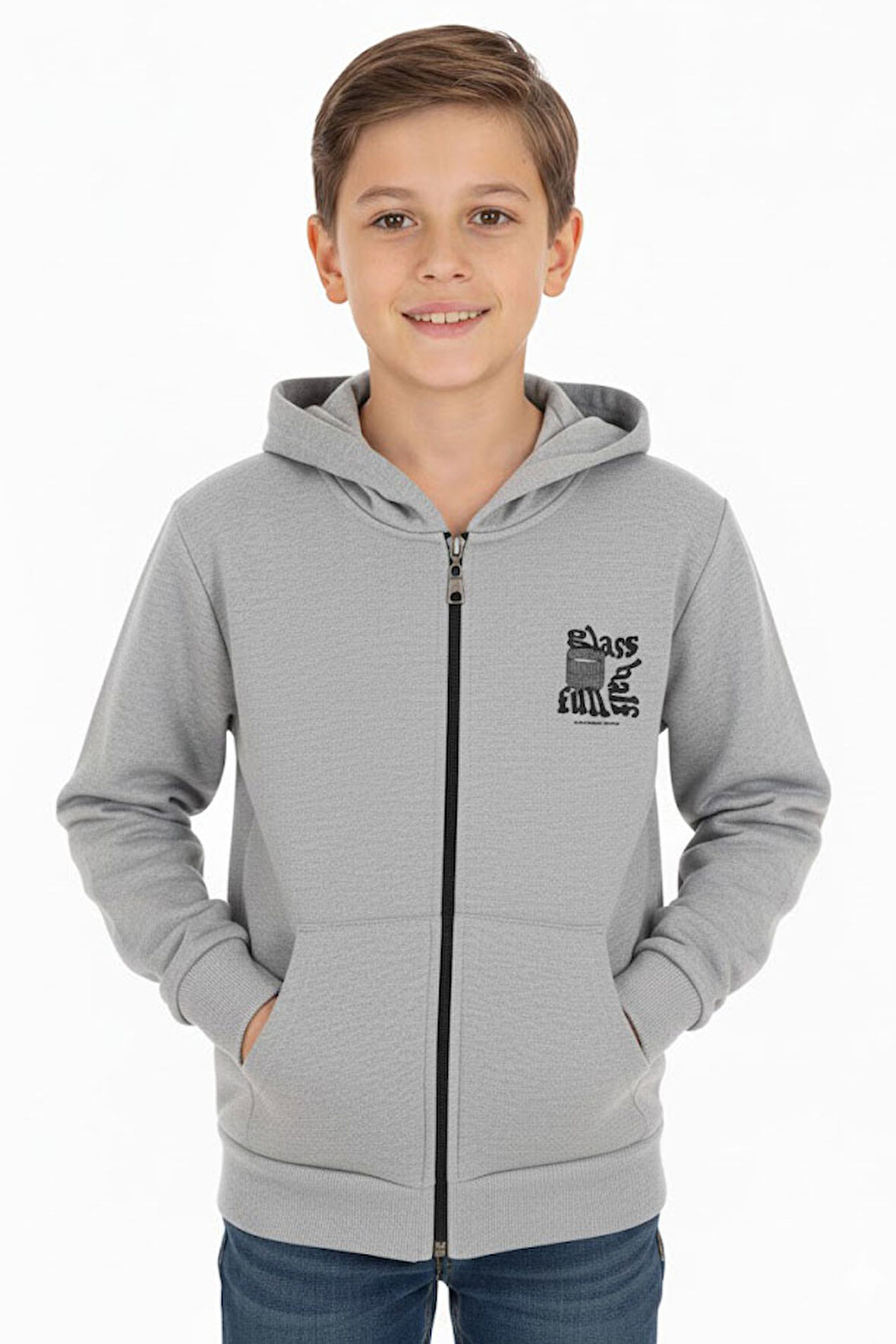 Erkek çocuk hırka 2 iplik şordonlu baskılı kapüşonlu