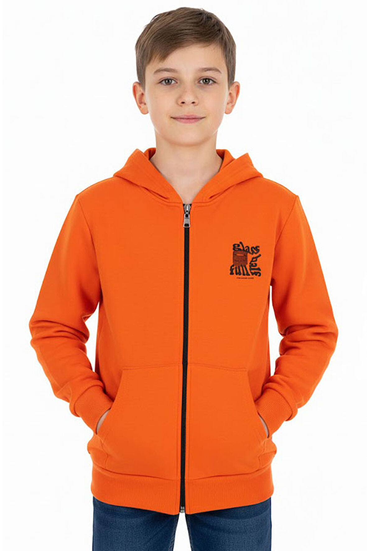 Erkek çocuk hırka 2 iplik şordonlu baskılı kapüşonlu