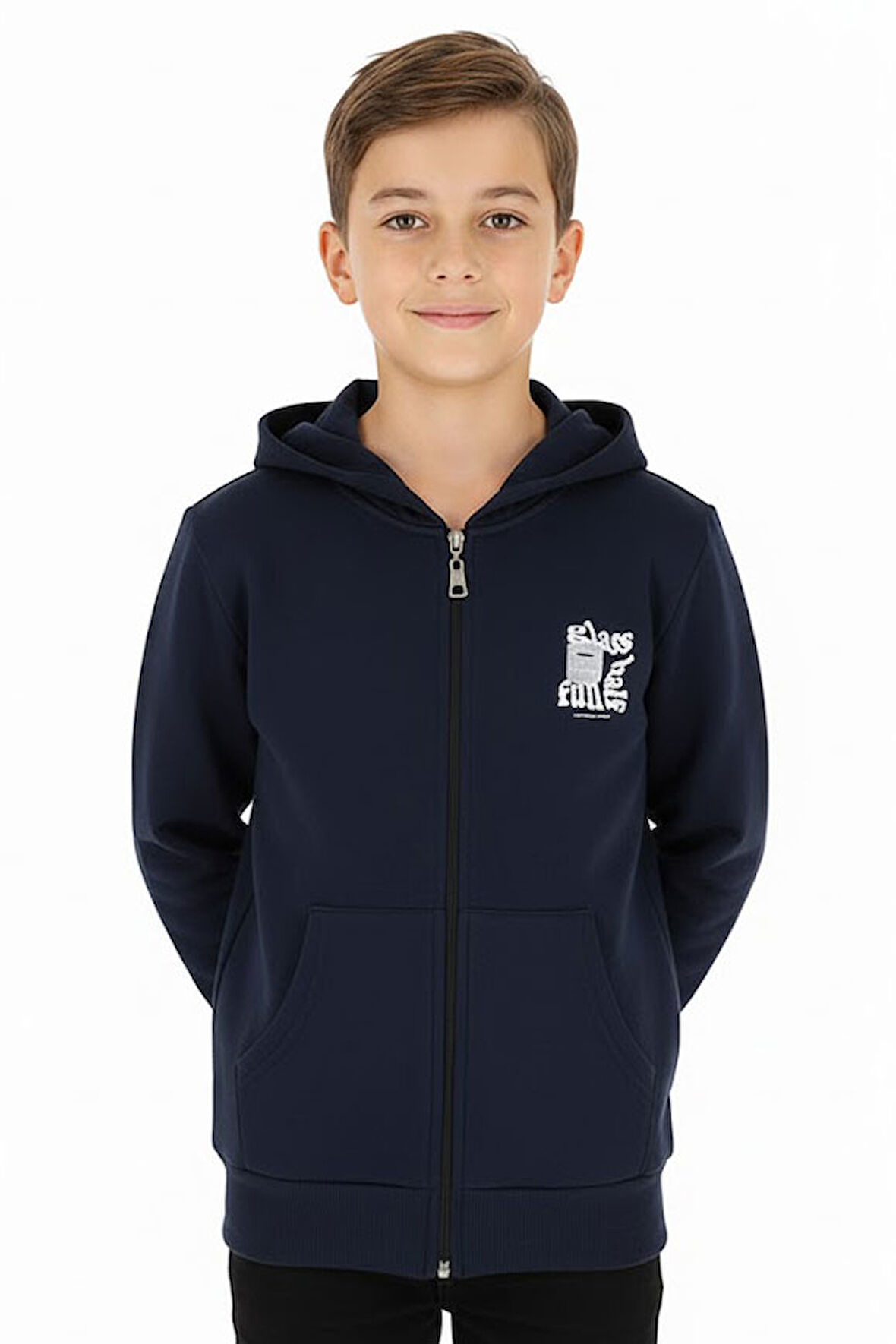 Erkek çocuk hırka 2 iplik şordonlu baskılı kapüşonlu