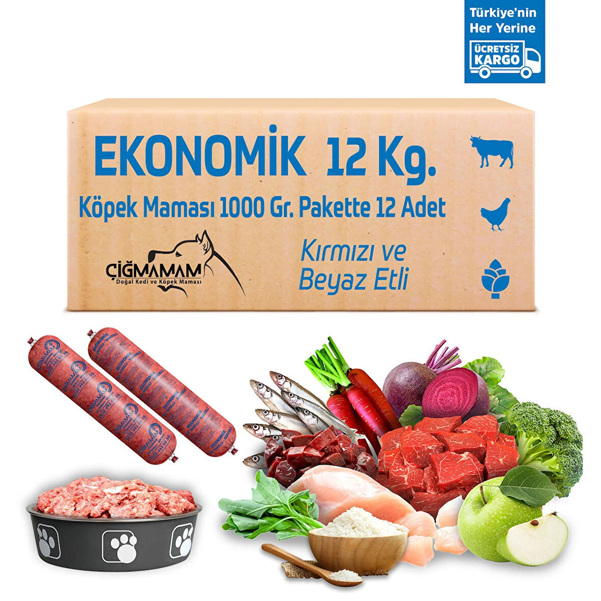Ekonomik 12 Kg 1000 Gr 12 Adet Çiğmamam Barf Köpek Maması