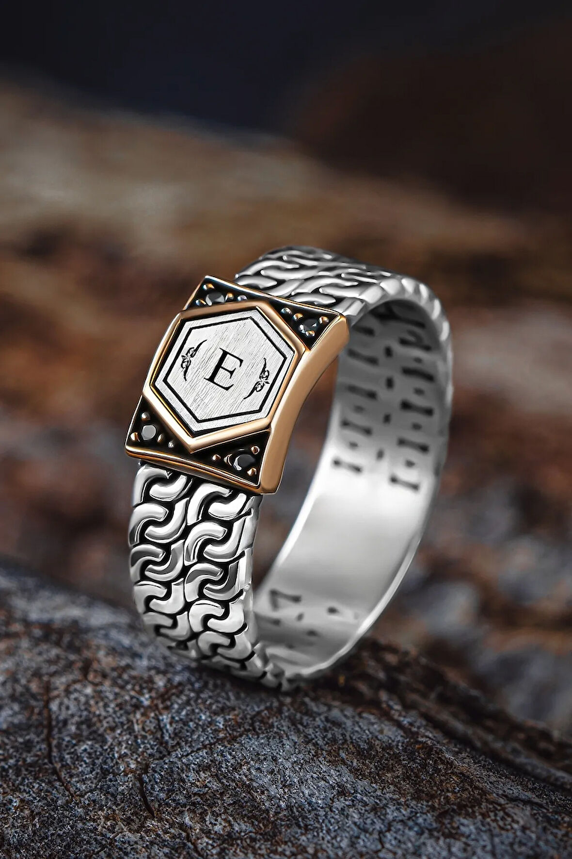 Erkek Gümüş Yüzük - Harf Yazılabilir Zirkon Taşlı Model 2 Erkek Yüzük