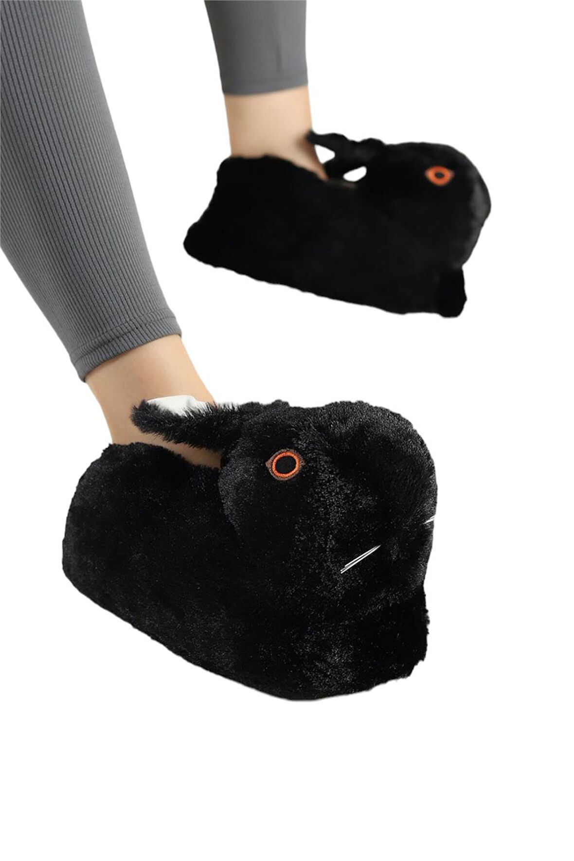Peluş Tavşan Figürlü Kaymaz ve Ses Yapmaz Ev Panduf SİYAH
