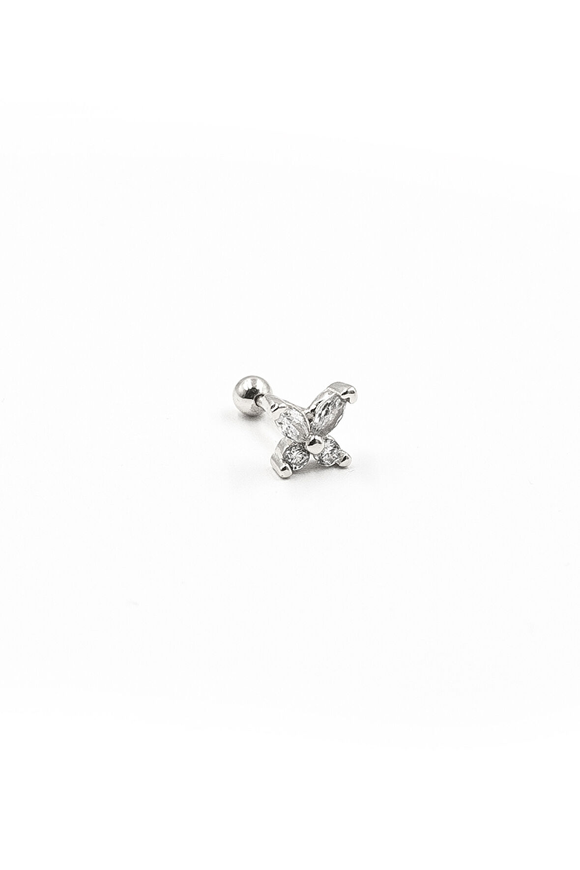 Işıltılı Kelebek Desenli Zirkon Tragus Piercing – Gümüş | Anti Alerjik, Rengi Solmaz