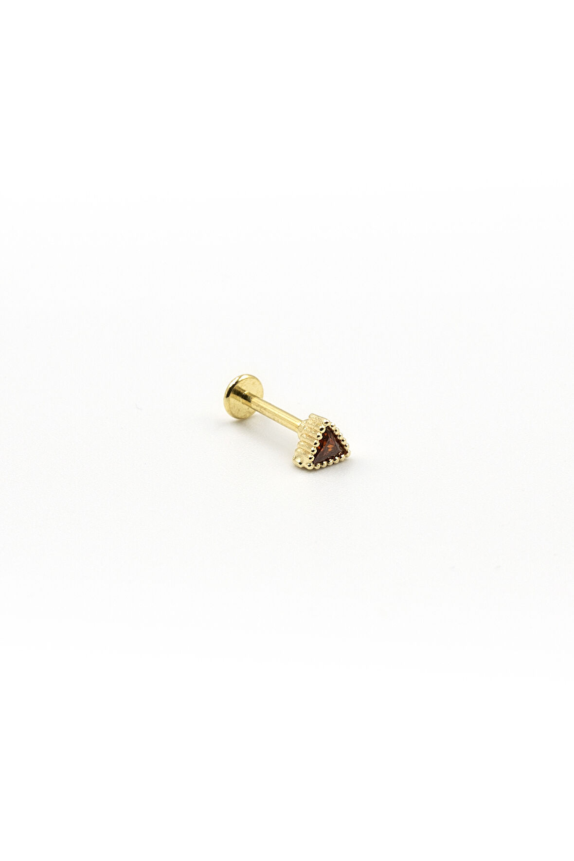 Kahve Zirkon Taşlı Üçgen Tragus Piercing – Gold, Anti Alerjik, Çelik Barlı, 8 mm
