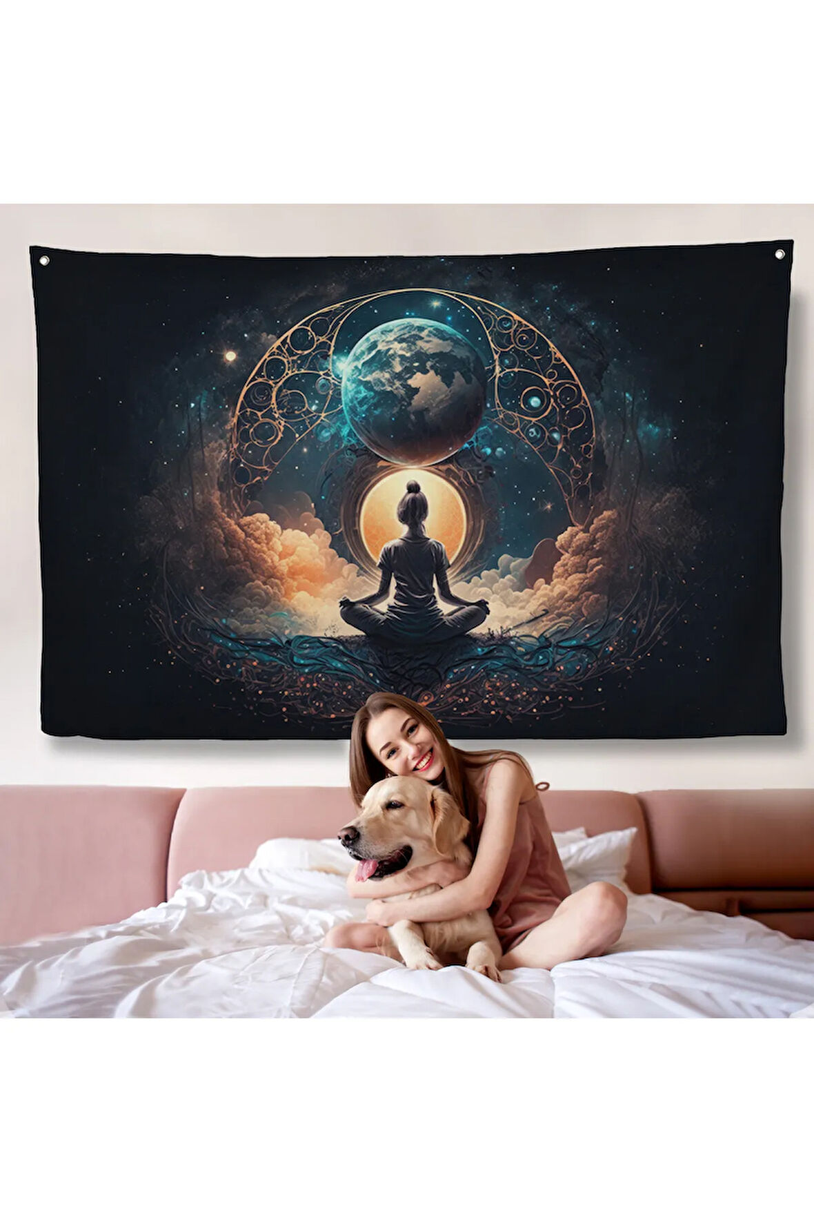 Meditasyon Yapan Kadın Lotus'ta Evrenle Bağlantı Duvar Örtüsü-7251