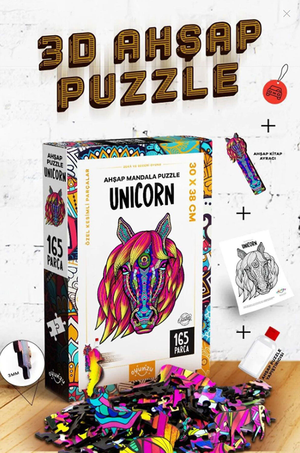 Unicorn Temalı 165 Parça Renkli Ahşap Puzzle Çocuk Pazıl  Yapıştırıcı Hediyeli