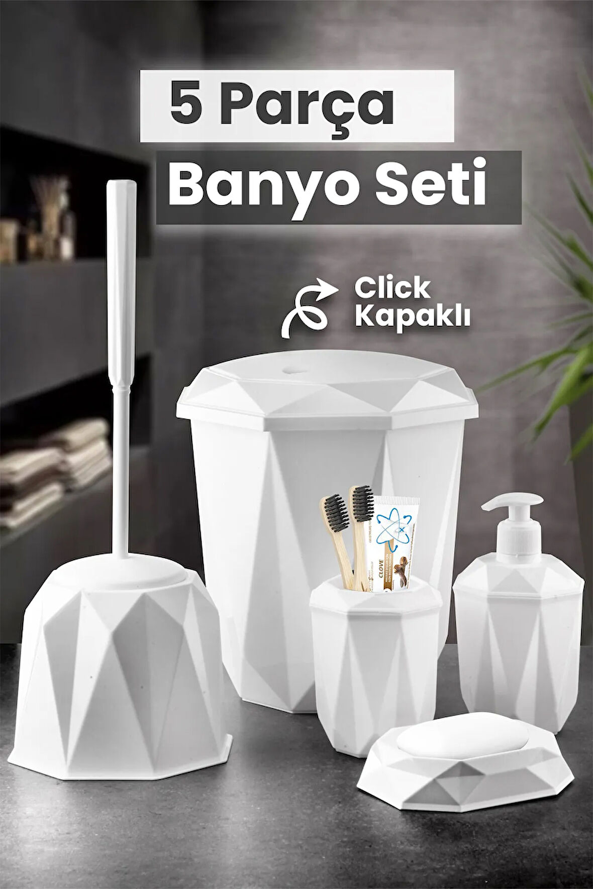 5 Parça Vanity Klik Kapaklı Banyo Seti - Dekoratif Çöp Kovası Diş Fırçalık Sabunluk Fırça Seti