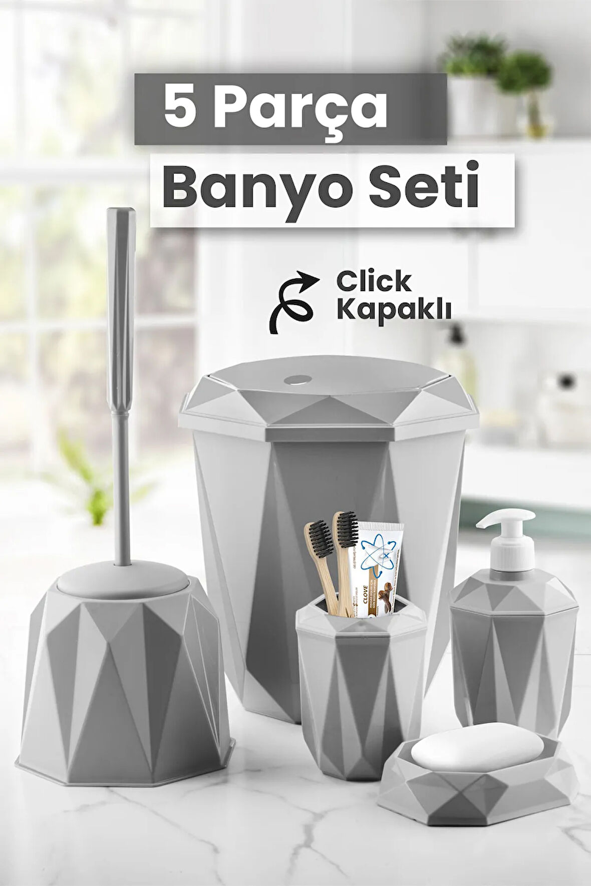 5 Parça Vanity Klik Kapaklı Banyo Seti - Dekoratif Çöp Kovası Diş Fırçalık Sabunluk Fırça Seti