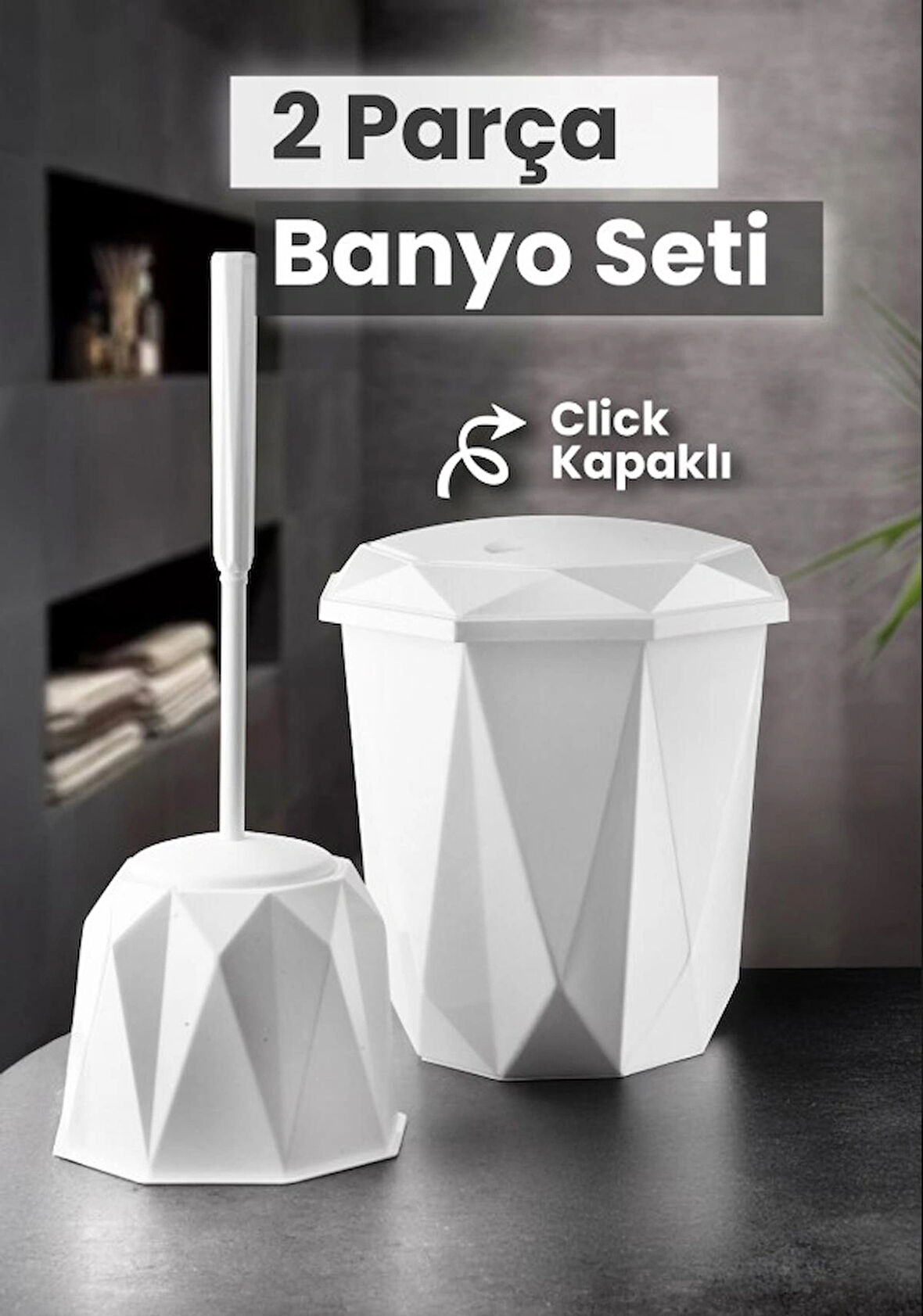 2 Parça Vanity Klik Kapaklı Banyo Seti - Dekoratif Banyo Düzenleyici Çöp Kovası Wc Klozet Fırça Seti
