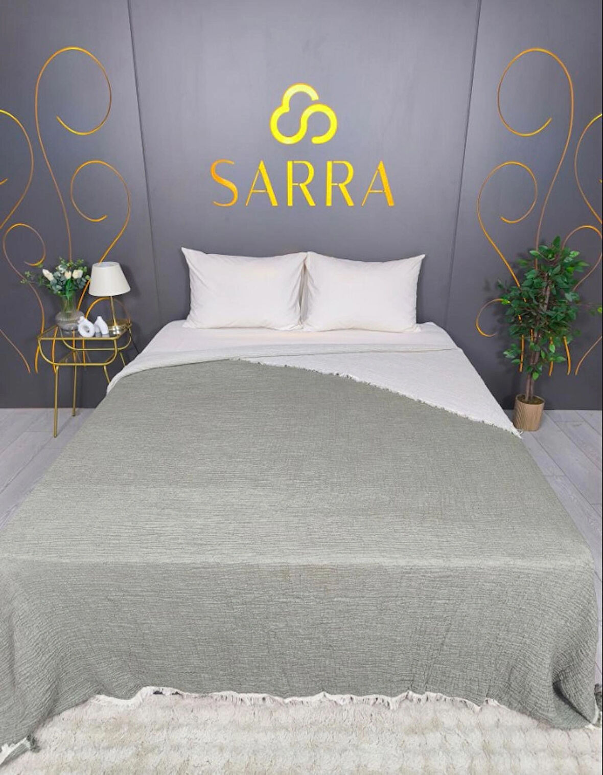 SARRA 160X240 TEK KİŞİLİK MÜSLİN YATAK ÖRTÜSÜ - HAKİ YEŞİL