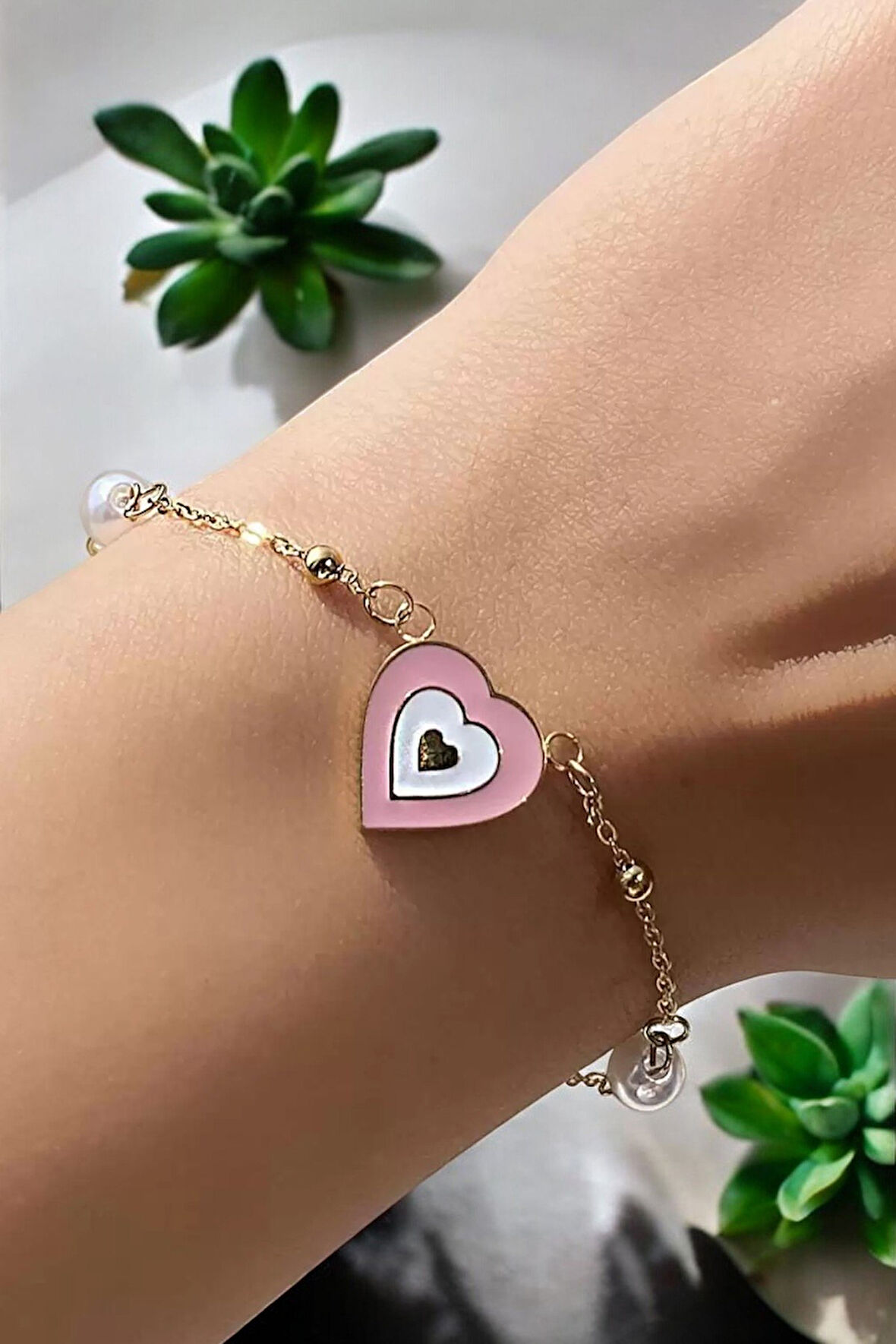 İç İçe Pembe Kalp Charm Gold Çelik Bileklik