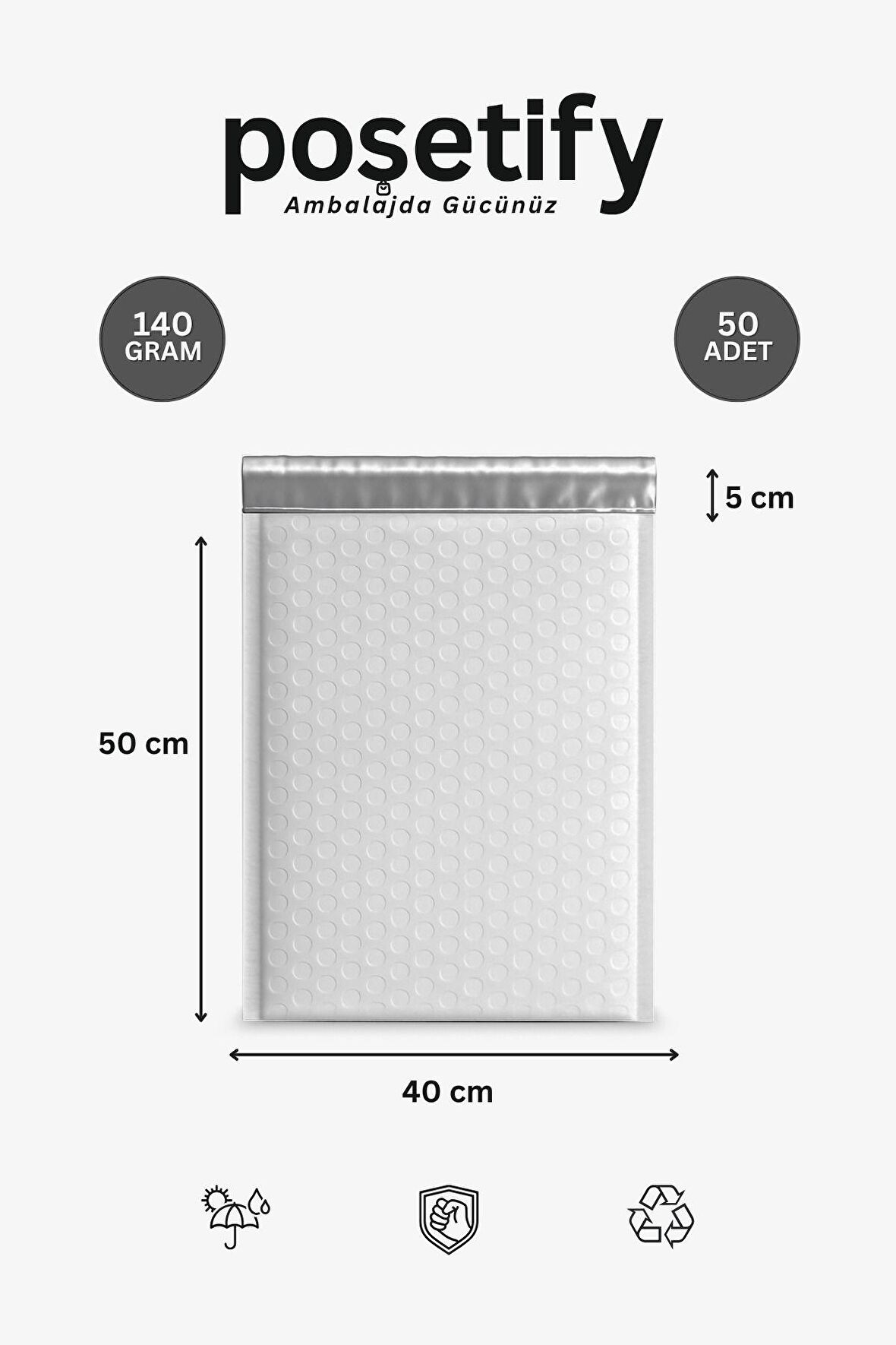 Balonlu Beyaz Kargo Poşeti 40x50+5 cm | 140 gr Bantlı Patpatlı Kargo Poşeti | 50’li E-Ticaret Poşeti
