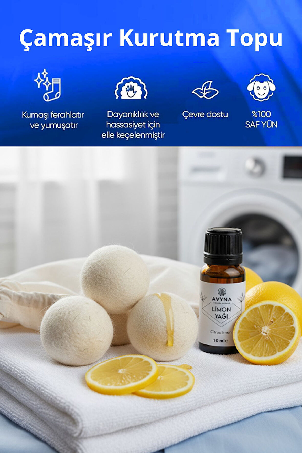 Reyo 3'lü Çamaşır Yün Kurutma Topu + %100 Saf Limon Esansı Hediye - Doğal ve Çevre Dostu