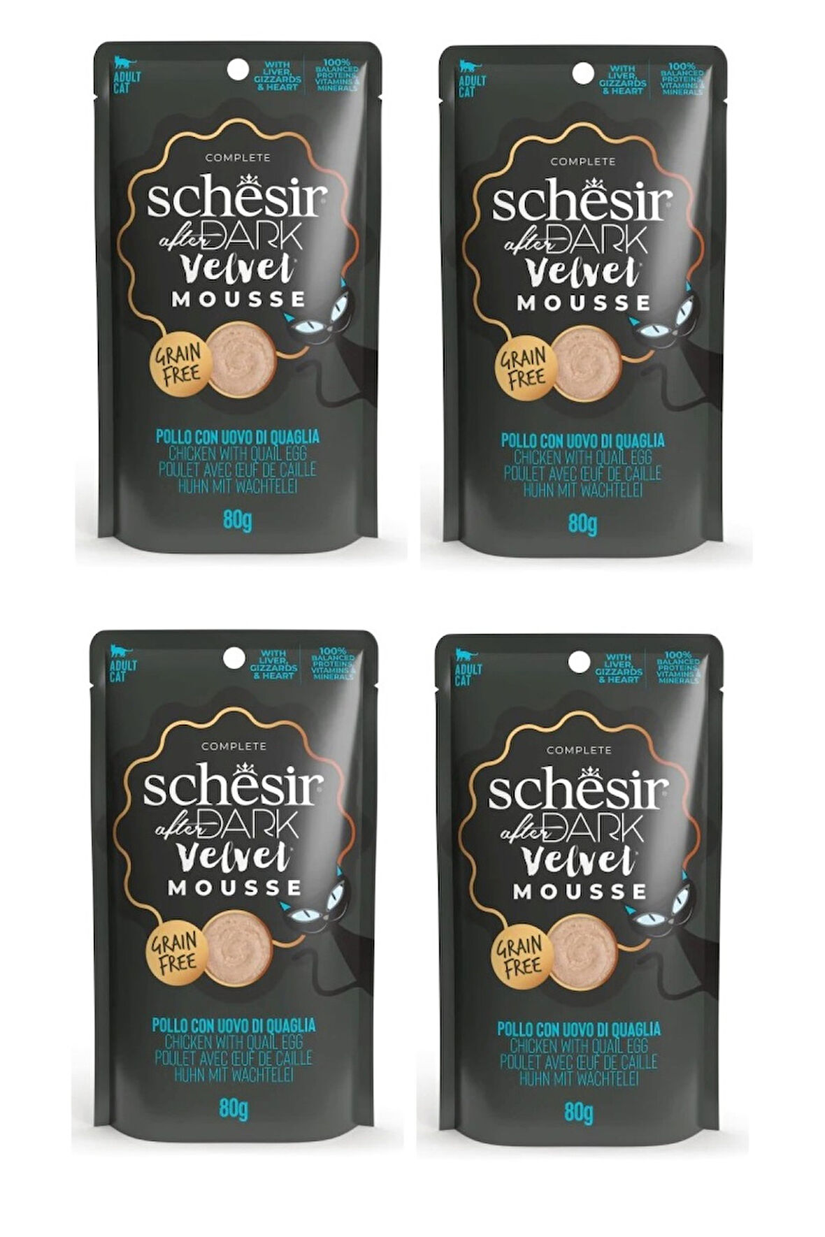Schesir After Dark Tavuk ve Bıldırcın Yumurtalı  Pouch Mousse Kedi Yaş Mama 80 Gr. X 4 Adet