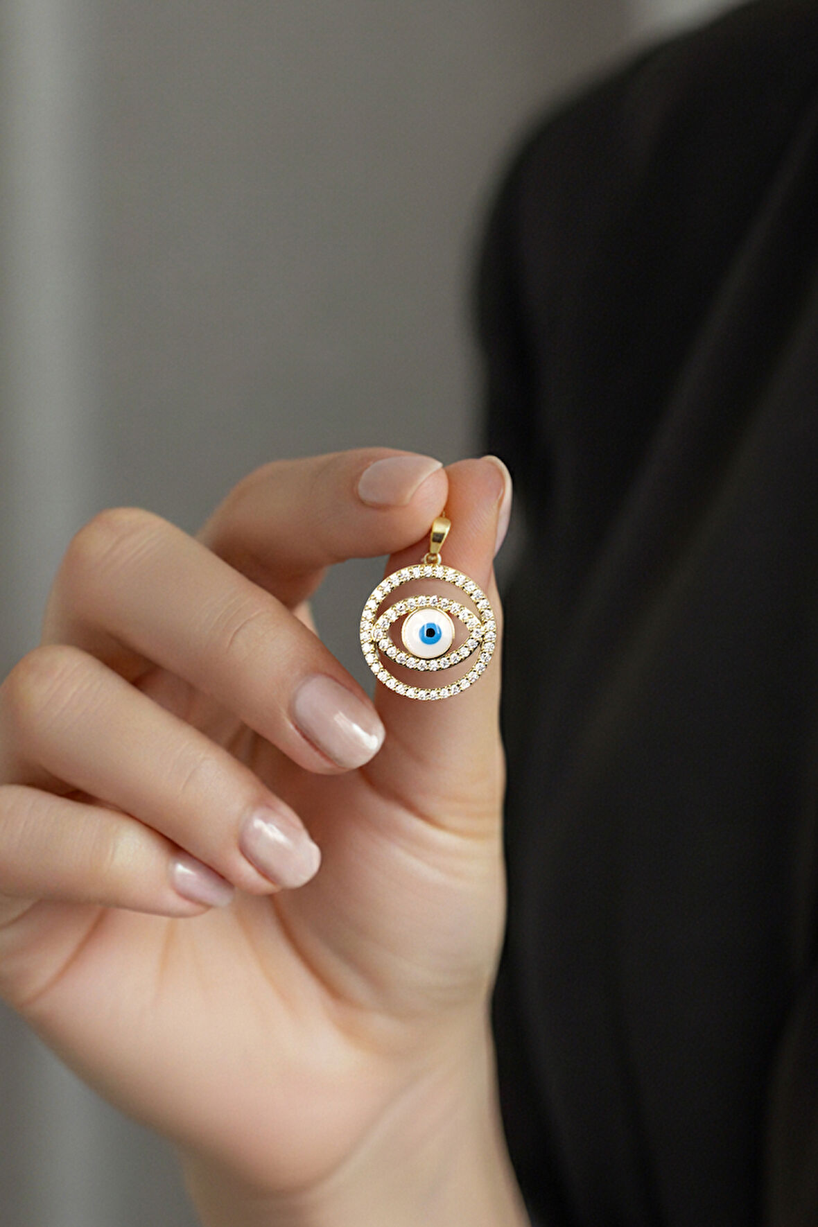 Göz Model Zirkon Taşlı Kolye Ucu Gold – 14K Renk, Alerji Karşıtı