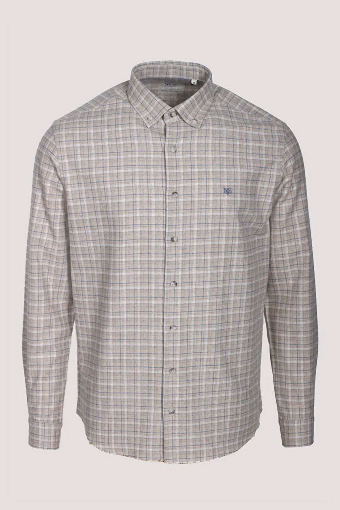 Erkek Gömlek Bej Uzun Kol Ekose Kareli Flanel Yün Tuşeli Slim Fit Düğmeli Yaka Shirt NCS JEANS 7270