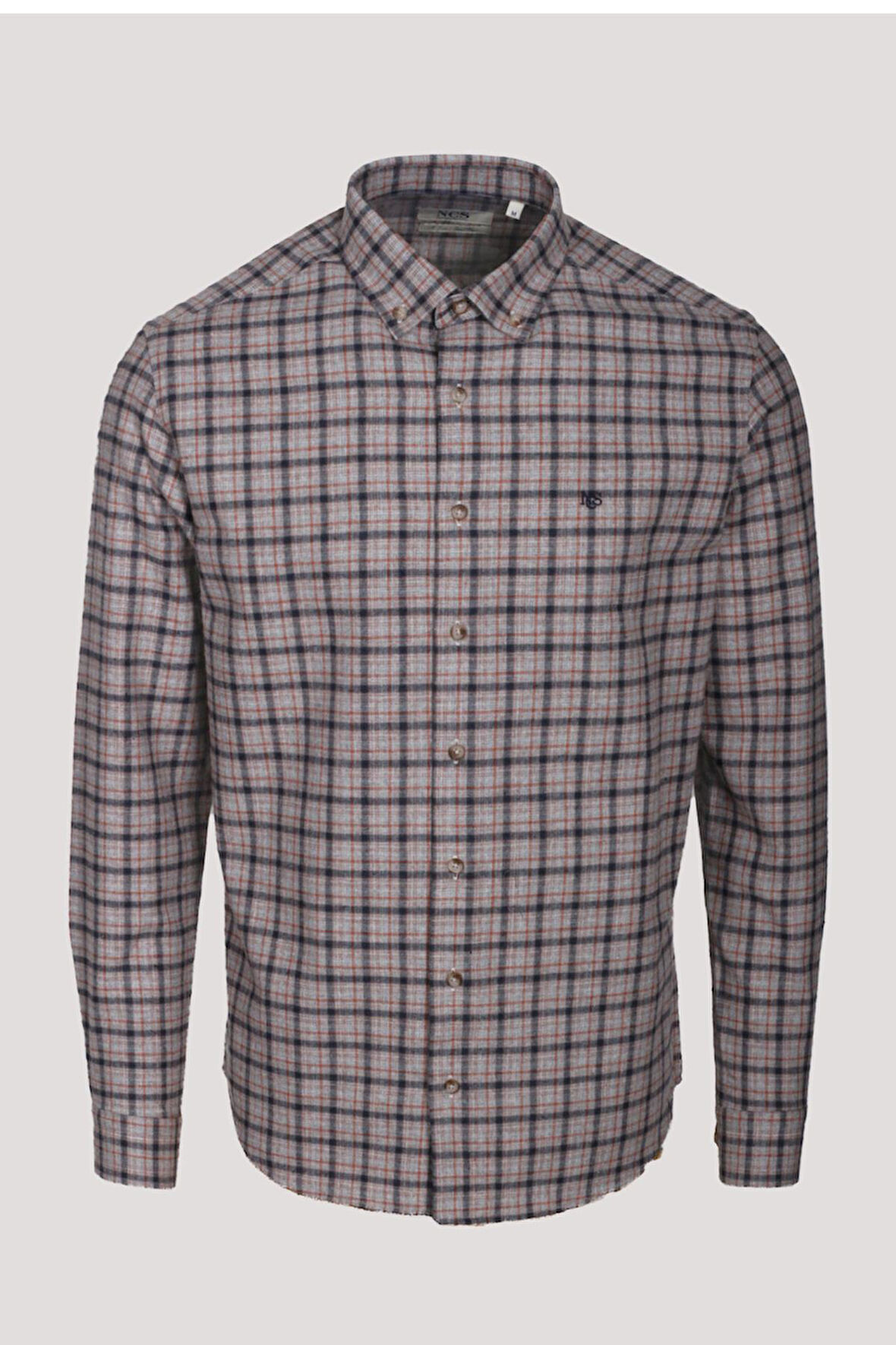 Erkek Gömlek Kiremit Uzun Kol Ekose Kareli Flanel Yün Tuşeli Slim Fit Düğmeli Yaka Shirt NCS JEANS 7270