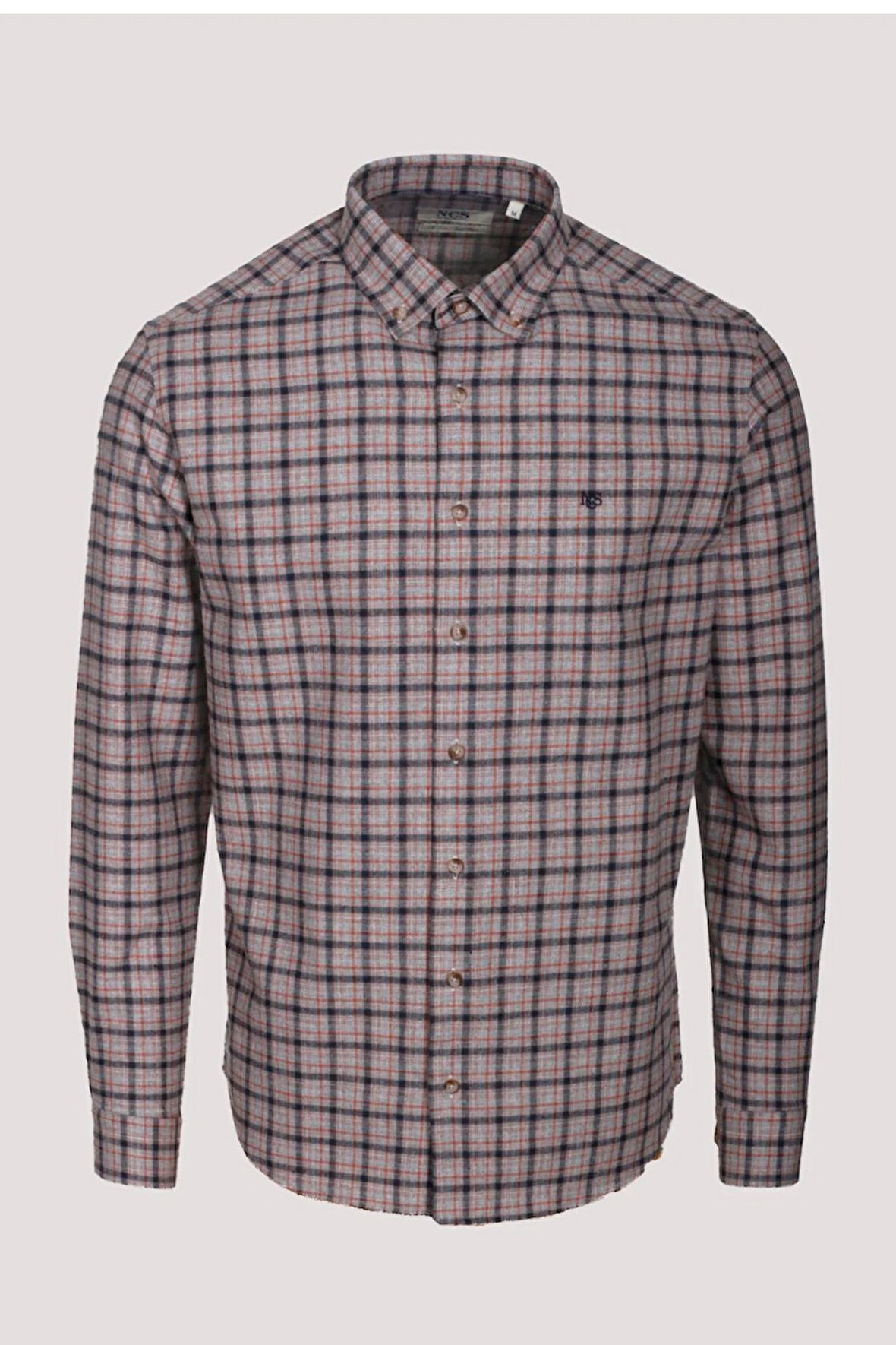 Erkek Gömlek Kiremit Uzun Kol Ekose Kareli Flanel Yün Tuşeli Slim Fit Düğmeli Yaka Shirt NCS JEANS 7270