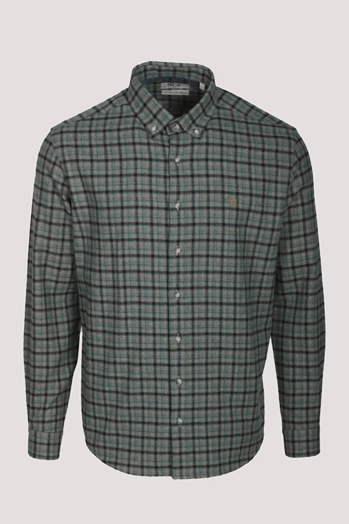 Erkek Gömlek Yeşil Uzun Kol Ekose Kareli Flanel Yün Tuşeli Slim Fit Düğmeli Yaka Shirt NCS JEANS 7270