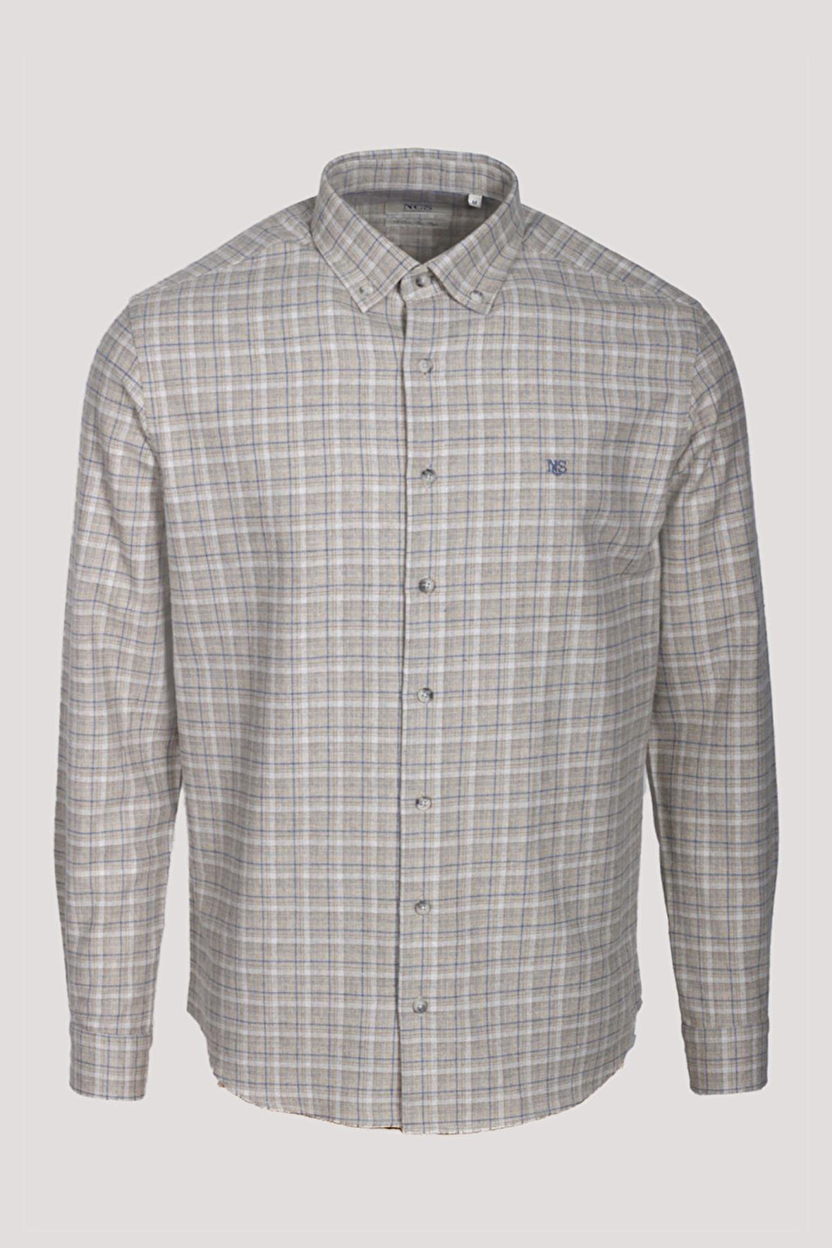 Erkek Gömlek Bej Uzun Kol Ekose Kareli Flanel Yün Tuşeli Slim Fit Düğmeli Yaka Shirt NCS JEANS 7270