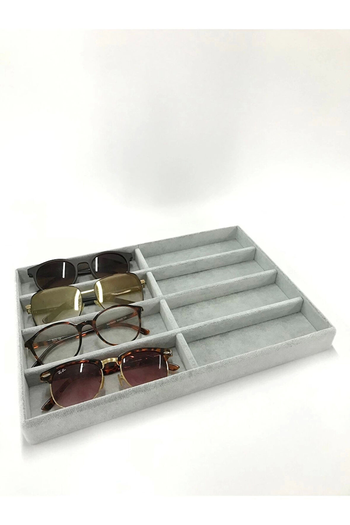 Yerli Üretim New York Model Süet Süet Kumaş Gri Renk 34/24 Cm Bölmeli Çekmece Içi Gözlük Standı