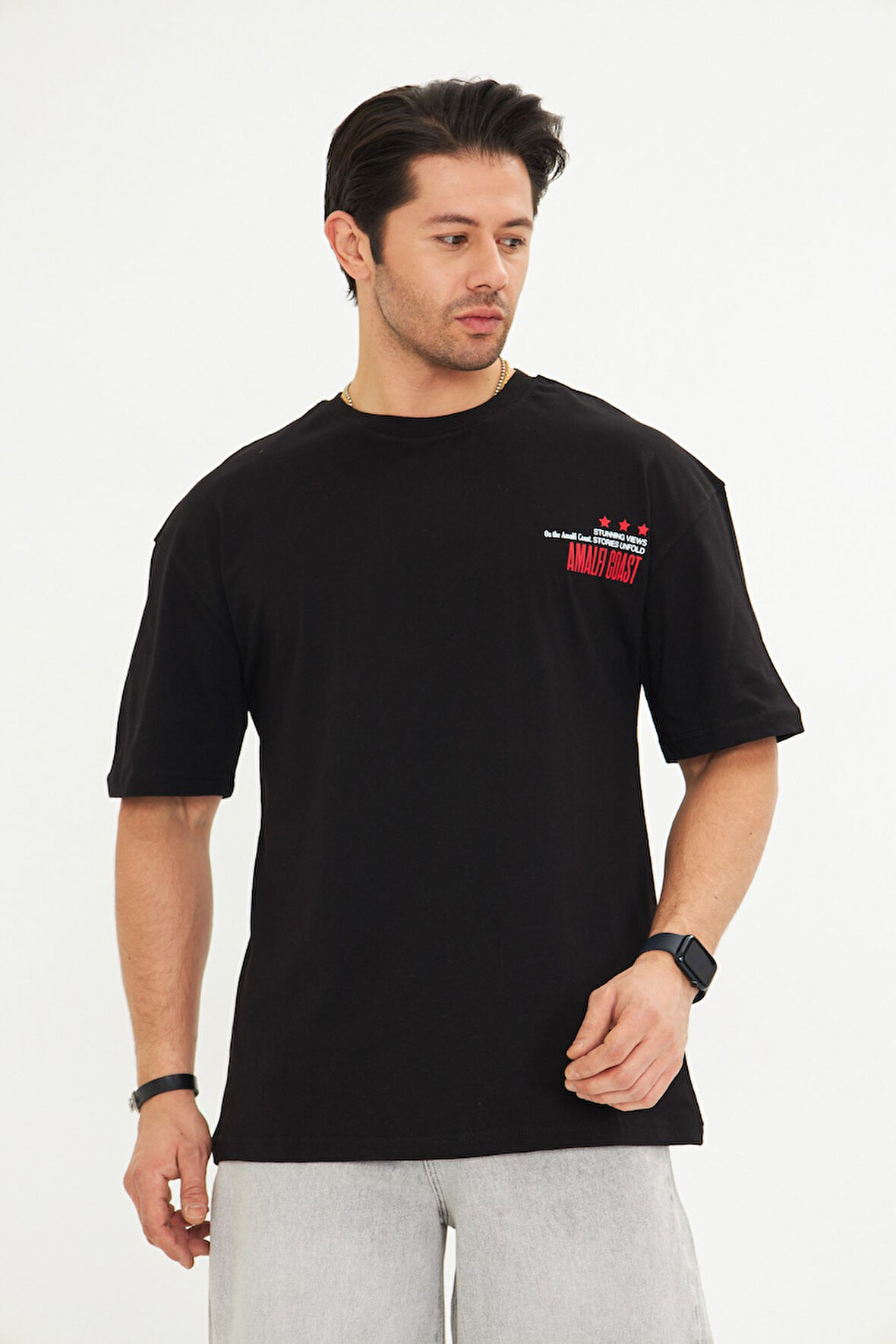 Amalfi Coast Baskılı Oversize Erkek Pamuklu Bisiklet Yaka Baskılı Tişört