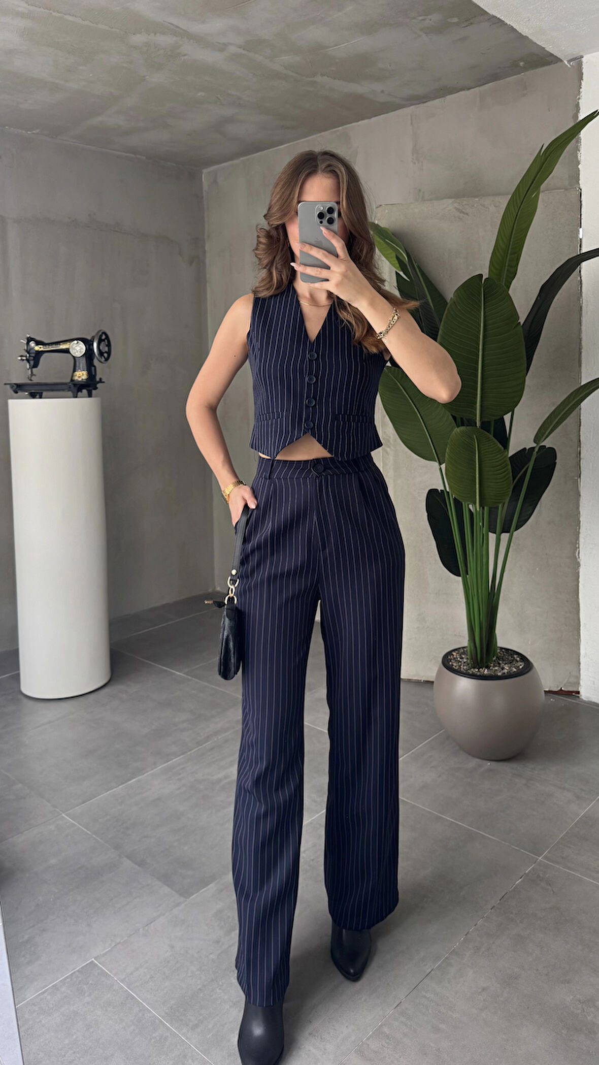 Lacivert Çizgili Düğmeli Yelek Pileli Palazzo Pantolon İkili Takım