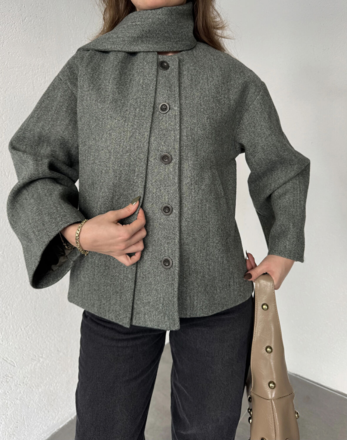 Yeşil Melanj Bisiklet Yaka Şal Aksesurlı Düğmeli Kaşe Ceket Mont