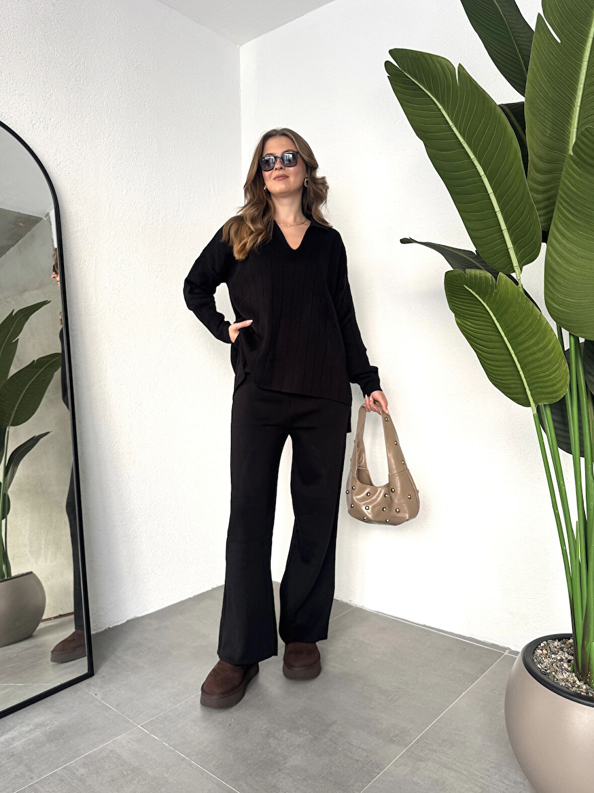 Siyah Polo Yakalı Kazak İspanyol Paça Triko Pantolon İkili Takım