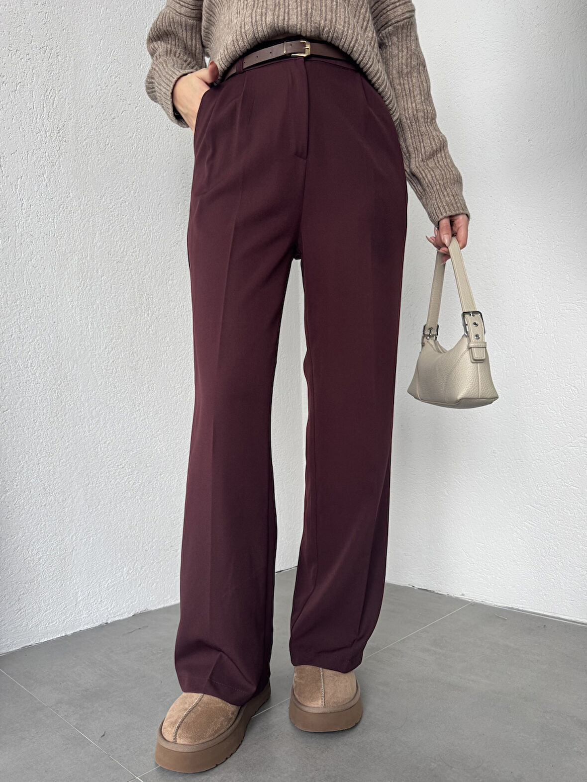 Vişne Pileli Tam Kalıp Bel Oturtmalı Geniş Paça Palazzo Pantolon