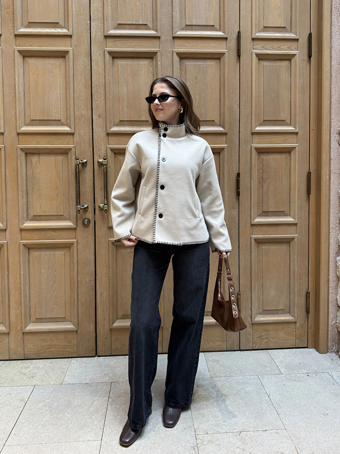 Krem Çoban Dikişli Kaşe Düğmeli Kaşe Hırka