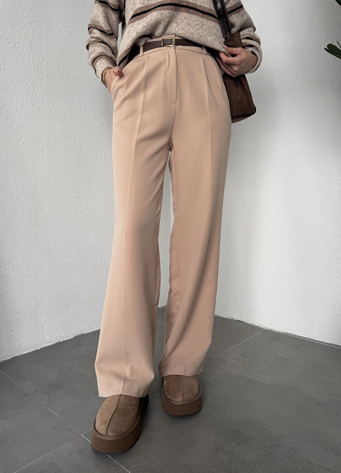 Vizon Pileli Tam Kalıp Bel Oturtmalı Geniş Paça Palazzo Pantolon