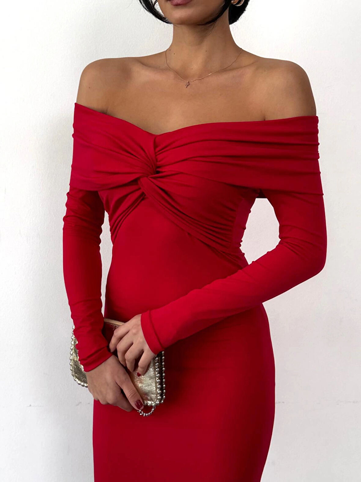 Kadın Kırmızı Madonna Yaka Düğümlü Uzun Kollu Midi Boy Elbise