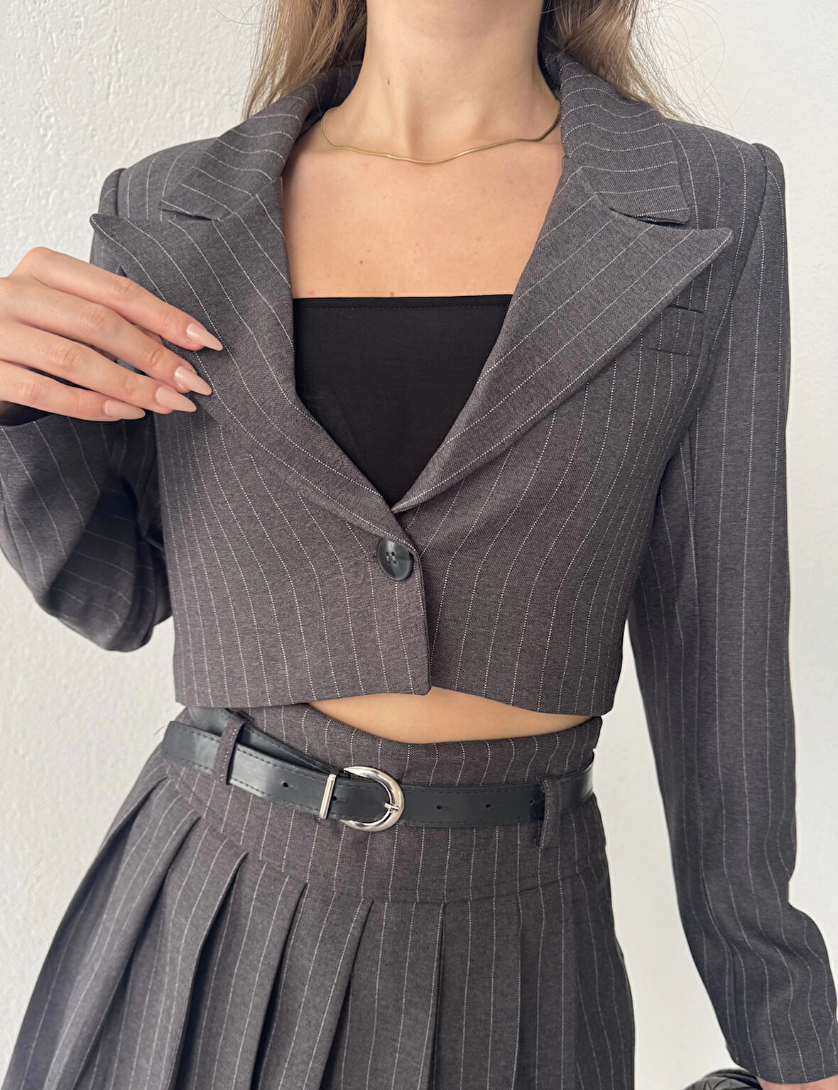 Antrasit Çizgili Tek Düğmeli Astarlı Crop Ceket