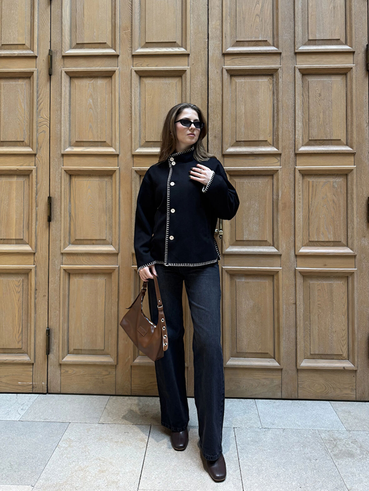 Siyah Çoban Dikişli Kaşe Düğmeli Kaşe Hırka