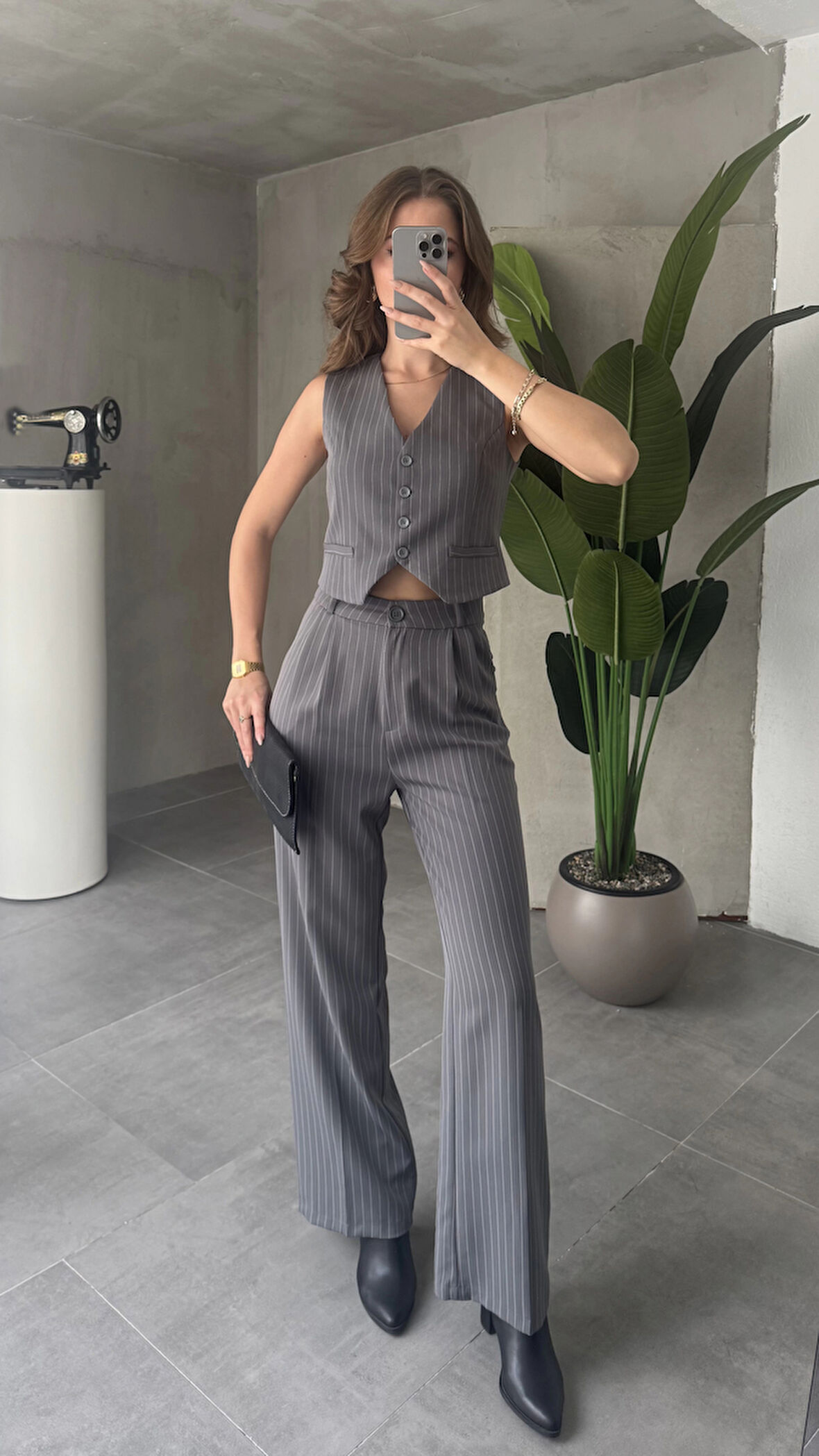 Antrasit Çizgili Düğmeli Yelek Pileli Palazzo Pantolon İkili Takım