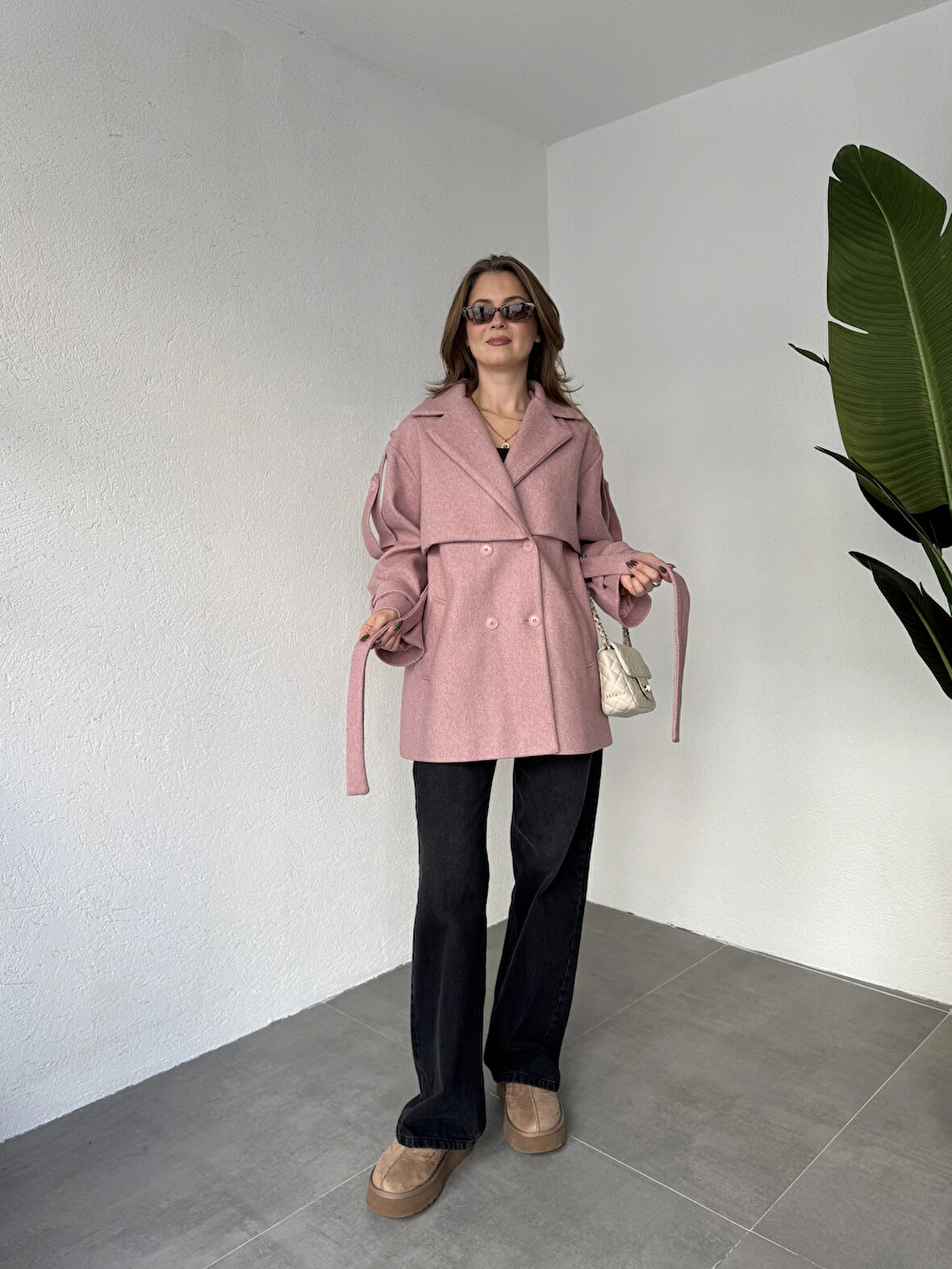 Pembe Kruvaze Oversize Astarlı Cepli Kuşaklı Kaşe Mont Kaban