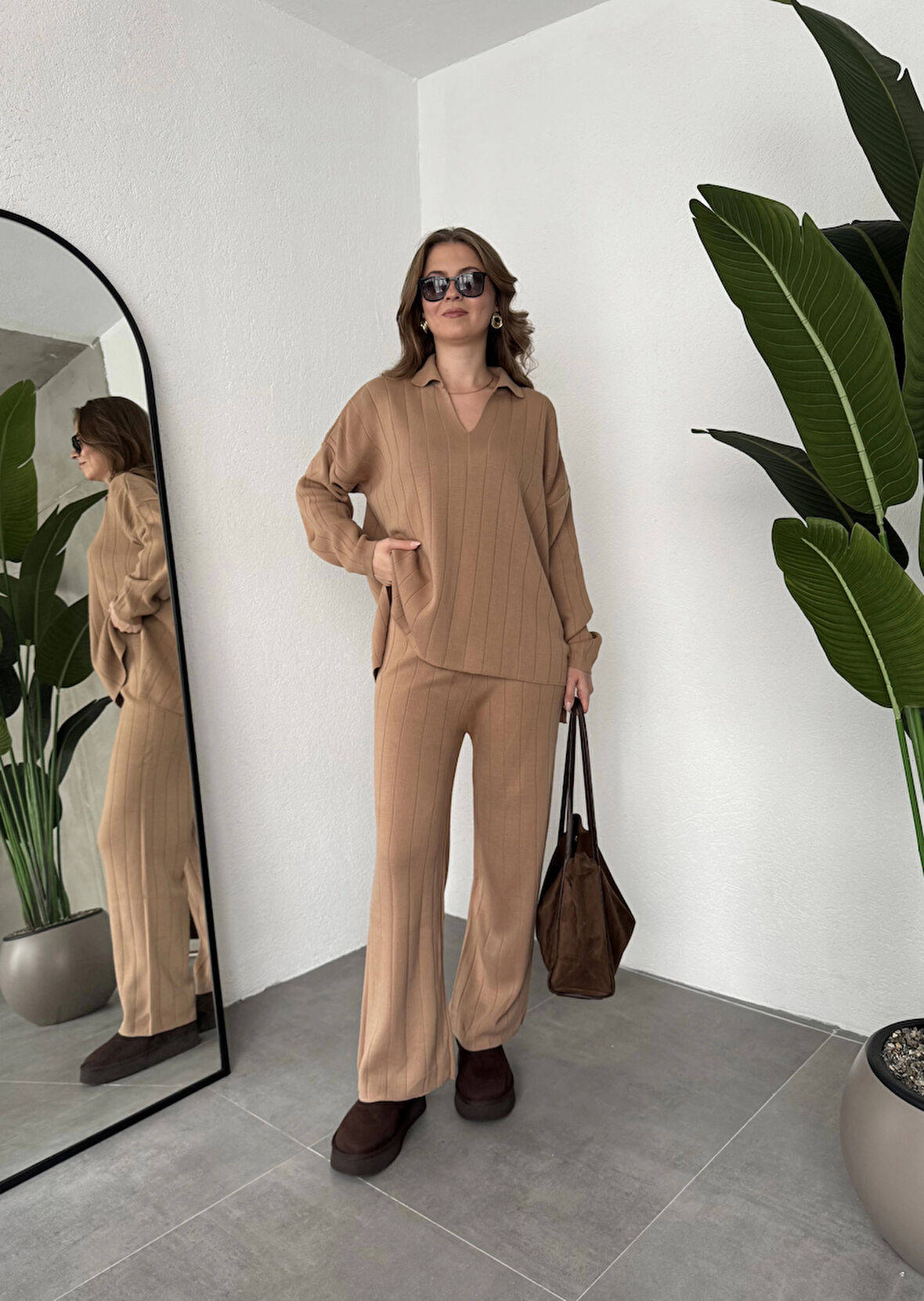 Vizon Polo Yakalı Kazak İspanyol Paça Triko Pantolon İkili Takım