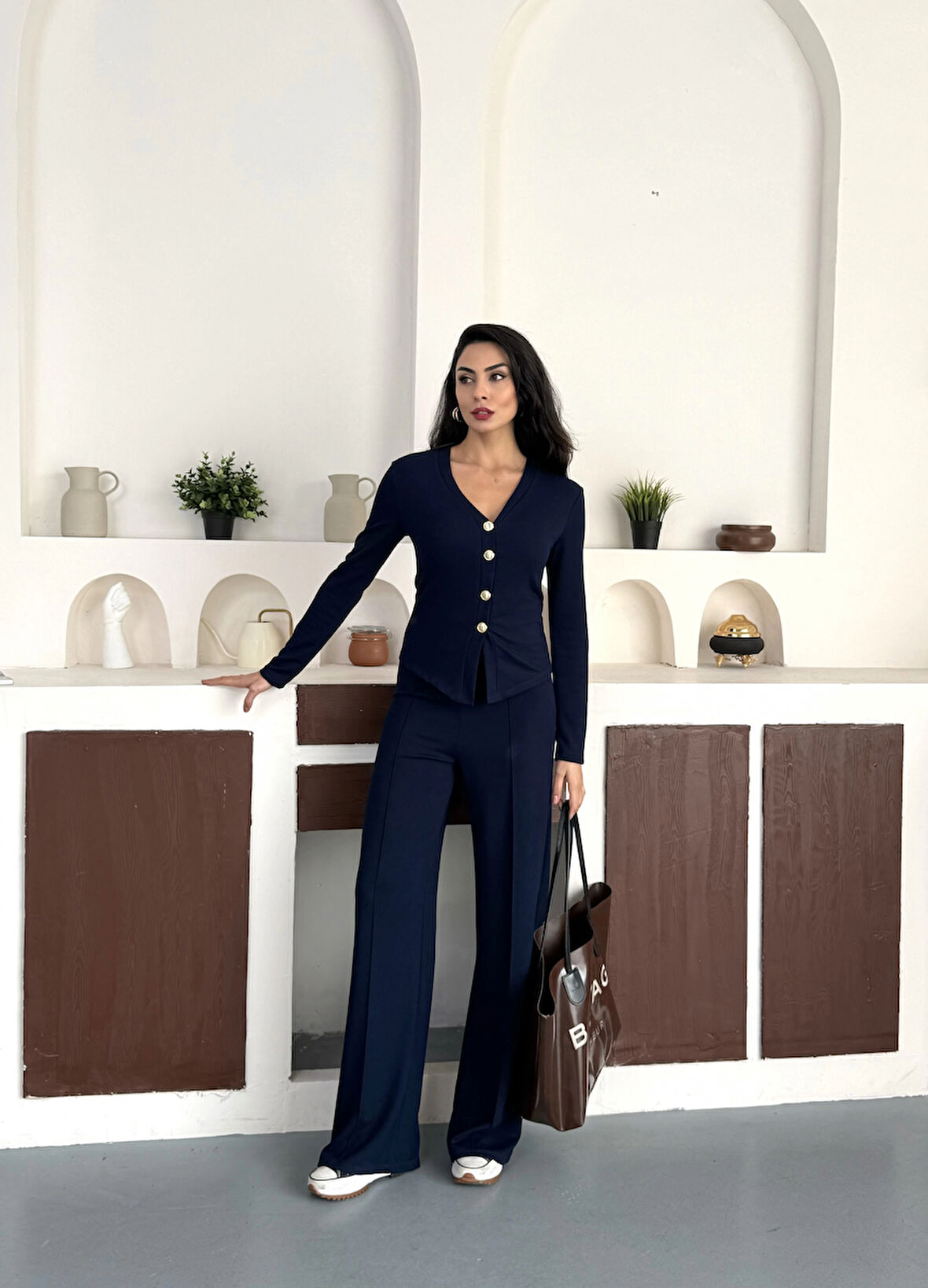 Lacivert Gold Düğme Detaylı V Yaka Hırka İspanyol Paça Çimalı Viral Günlük Takım