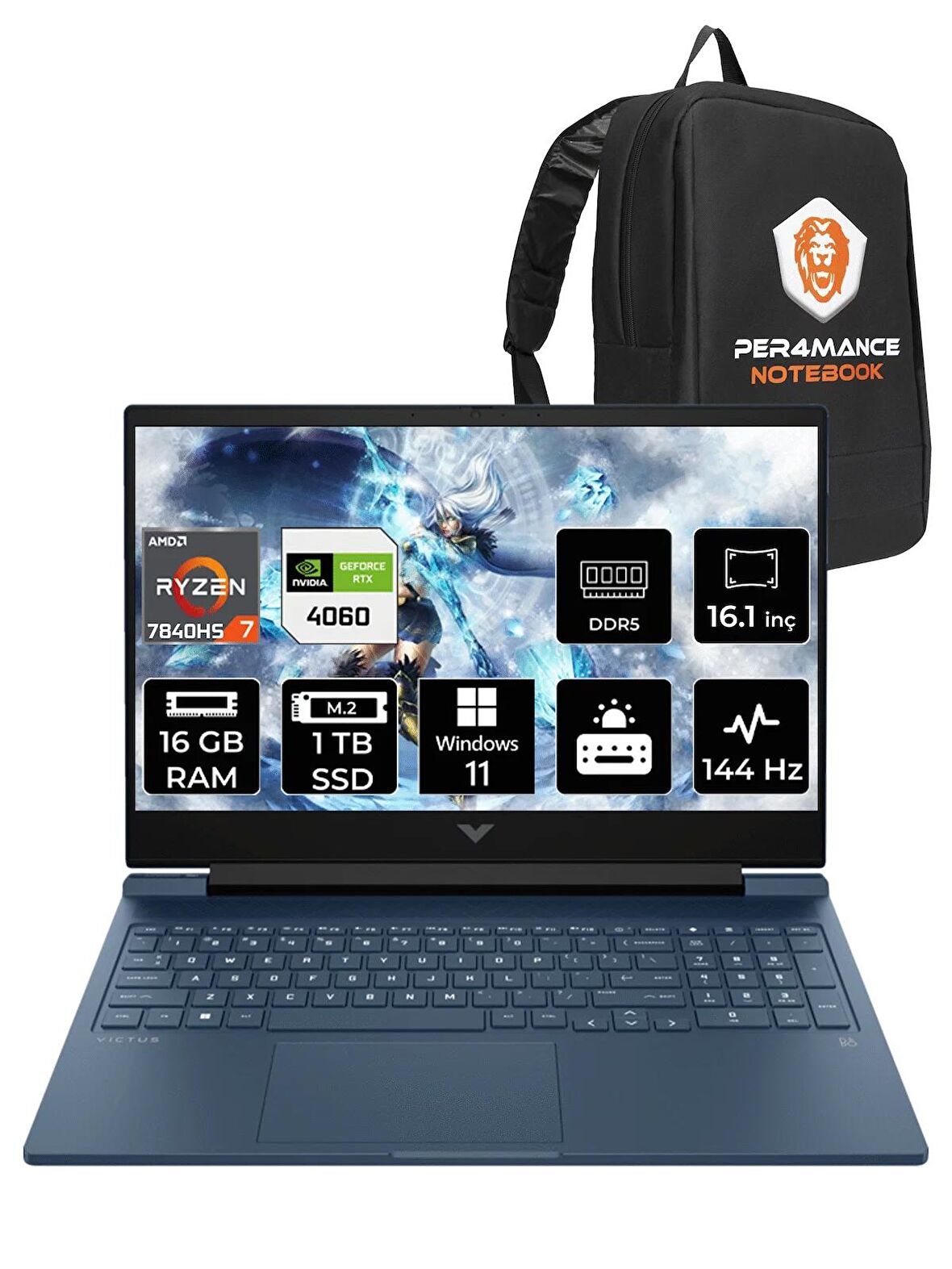 HP Victus 16 Ryzen 7 7840HS 16GB 1TB SSD RTX4060/8GB 144HZ 16.1" FHD W11H 7Z586EA & PER4 ÇANTA