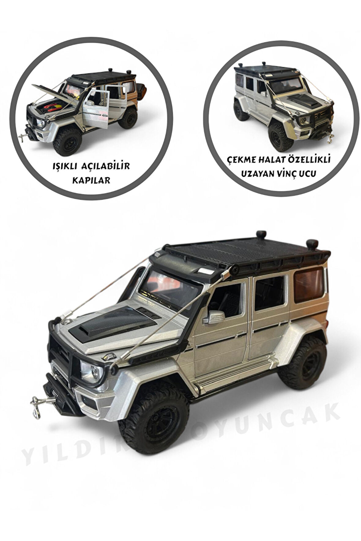 Çek Bırak Işıklı Ve Sesli Off Road Jeep 23 cm Çekme Halat İpli Metal Kasa Açılabilir Kapılar