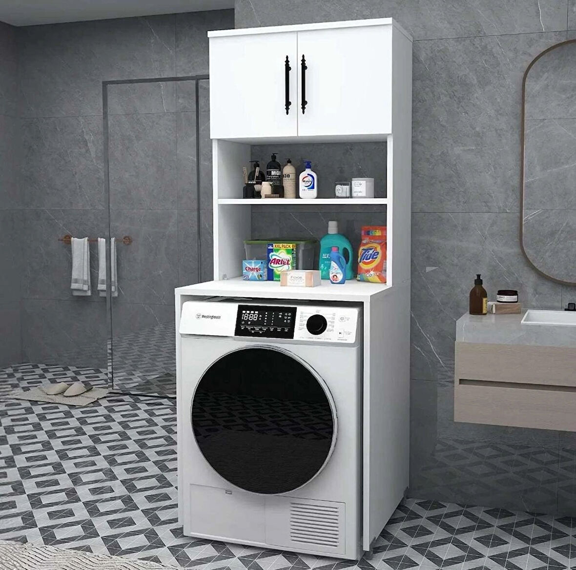 Reyo Home Enda Çamaşır Makinesi Dolabı 3 Raflı Kapaklı Banyo Dolabı Mat Beyaz