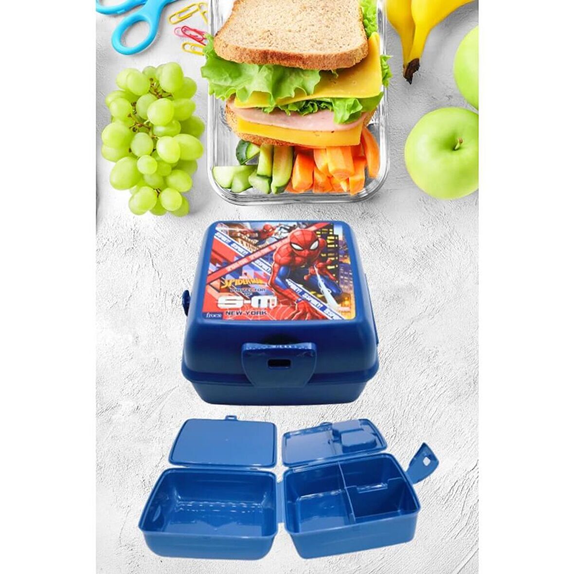Piev 2 Bölmeli Kilitli Çatal Kaşıklı Spiderman Beslenme Kabı Mavi