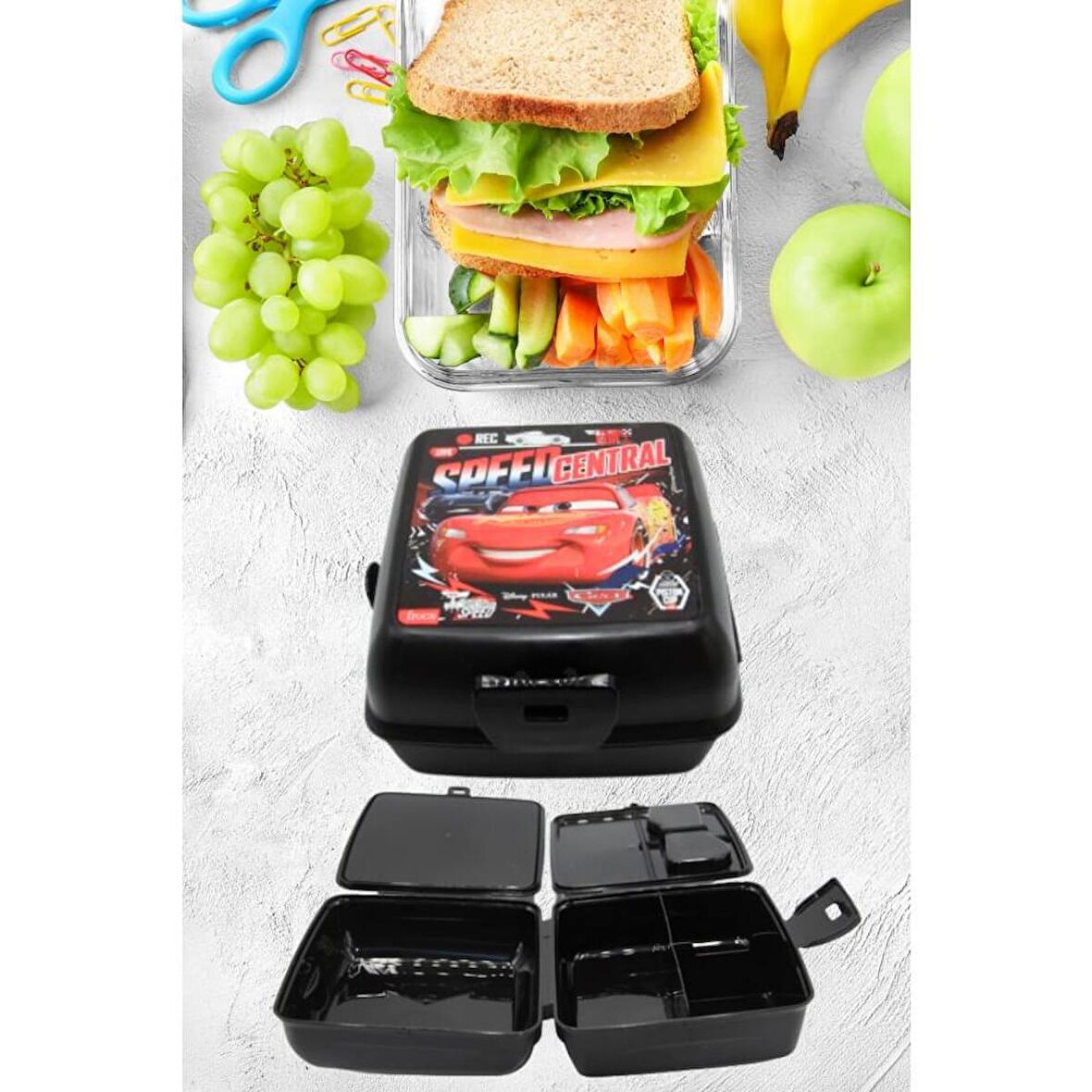 Piev 2 Bölmeli Kilitli Çatal Kaşıklı Cars Beslenme Kabı Siyah