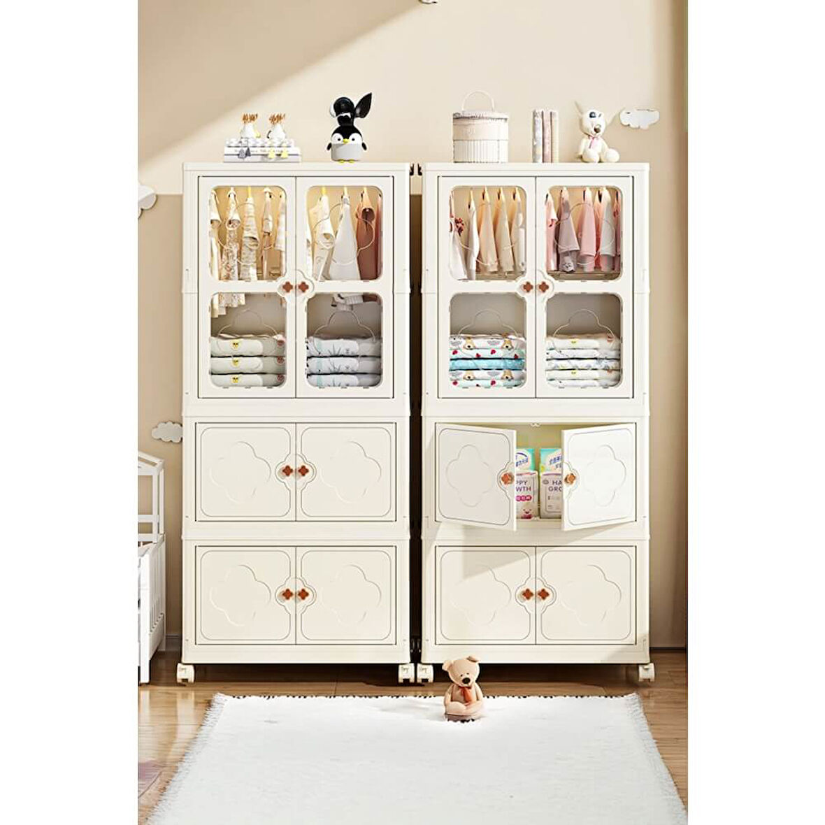 Piev Çok Amaçlı Büyük Hacimli Tekerlekli Katlanabilir 3 Katlı Saklama Kabı Gardırop Organizer Cappuccino